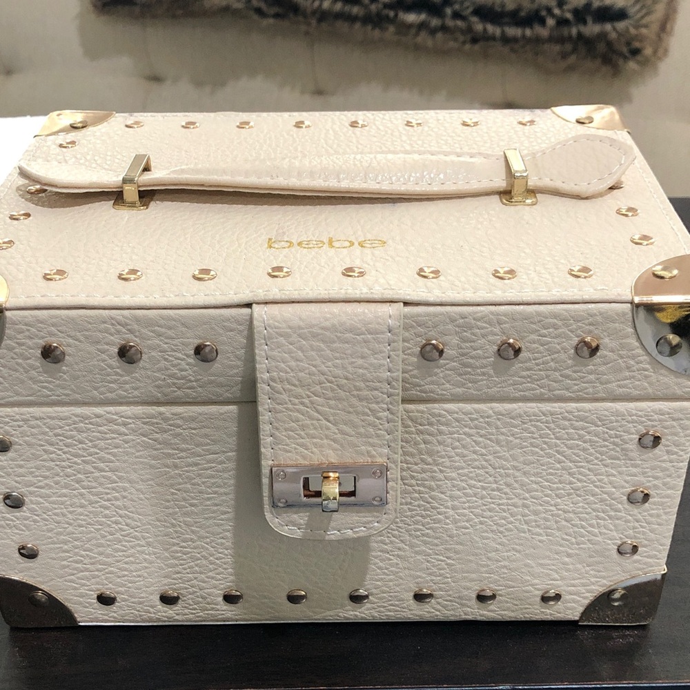 bebe Ivory Studded Box Cosmetic Case with Gold Accents NEW BUT have some flaws